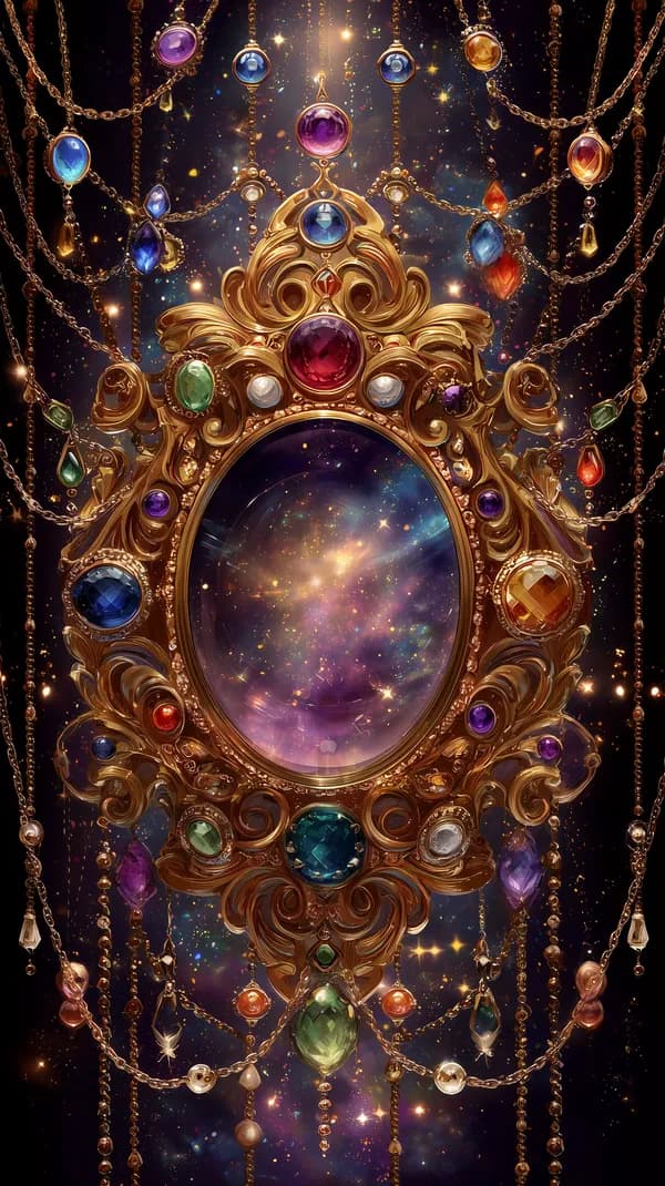 Opulent Galaxy Mirror with Gem-Encrusted Golden Frame - HD Wallpaper, 4k Background Image