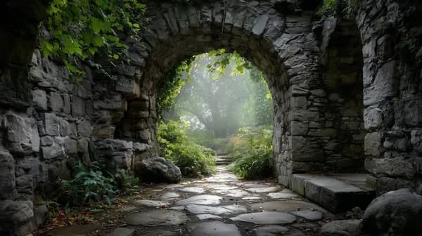 Mossy Stone Arch Gateway Over a Serene Misty Garden Path - HD Wallpaper, 4k Background Image