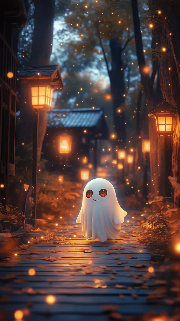 Cute Ghost on a Lantern-Lit Night Path — Magical Wallpaper - HD Wallpaper, 4k Background Image