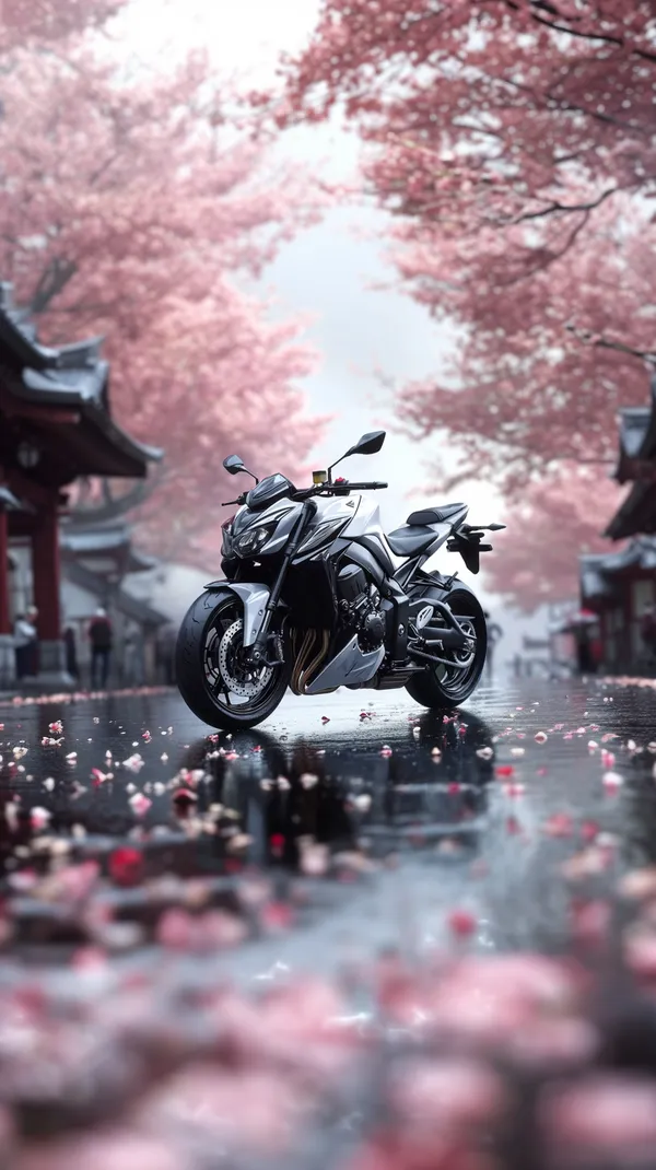 Sport Motorcycle Amid Pink Cherry Blossom Street Scene - HD Wallpaper, 4k Background Image