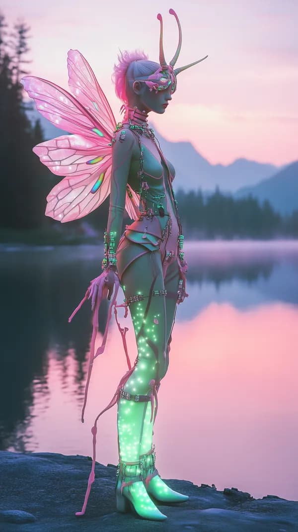 Neon Fairy Warrior with Bioluminescent Wings at Sunset Lake - HD Wallpaper, 4k Background Image