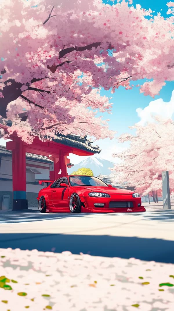 Vibrant Sakura Blossoms with a Red Sports Car Wallpaper - HD Wallpaper, 4k Background Image