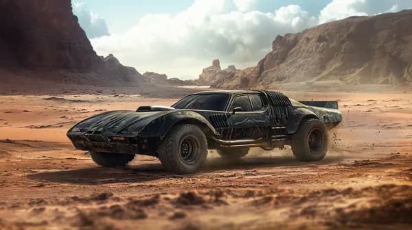Desert Fury: Black Futuristic Muscle Car in Rugged Canyon - HD Wallpaper, 4k Background Image