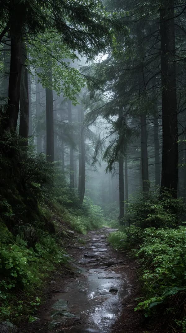Misty Forest Trail: Serene Woodland Path in Fog and Rain - HD Wallpaper, 4k Background Image