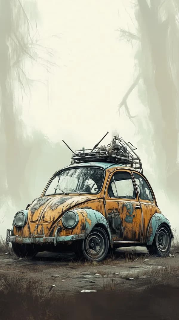 Rusty vintage car on a foggy forest road wallpaper art - HD Wallpaper, 4k Background Image