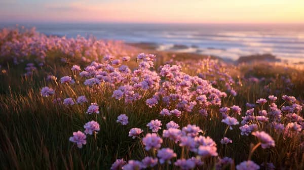 Sunset Wildflower Field by the Shore - Dreamy Purple Blooms - HD Wallpaper, 4k Background Image