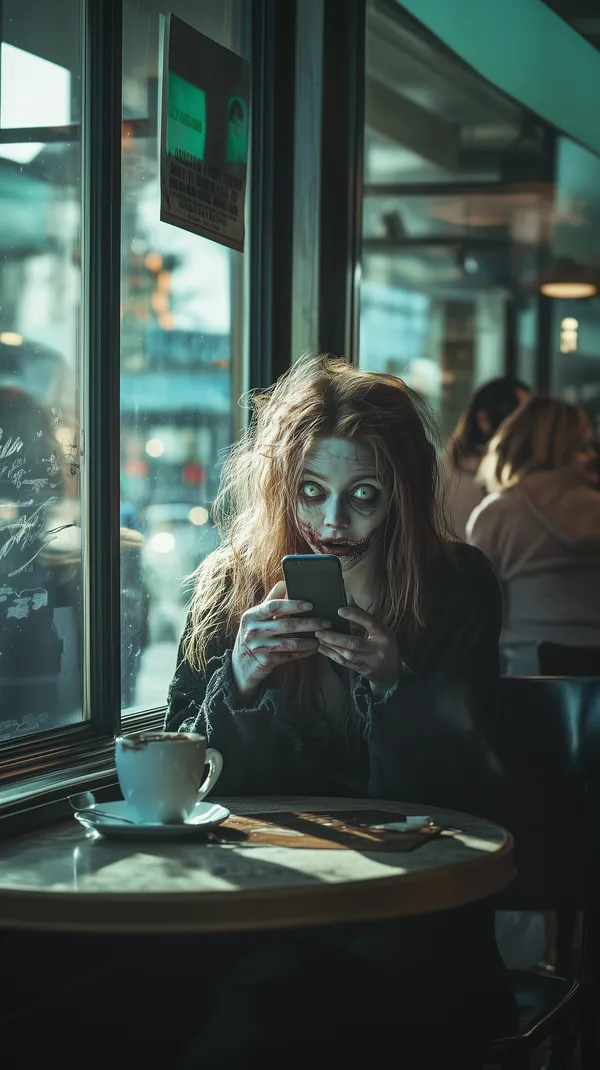 Moody Zombie-Inspired Café Portrait Wallpaper with Phone - HD Wallpaper, 4k Background Image