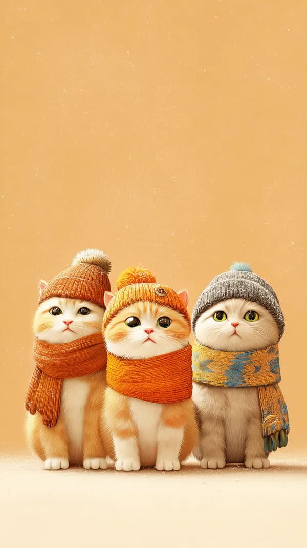 Three Cozy Kittens in Winter Scarves on Warm Peach Background - HD Wallpaper, 4k Background Image