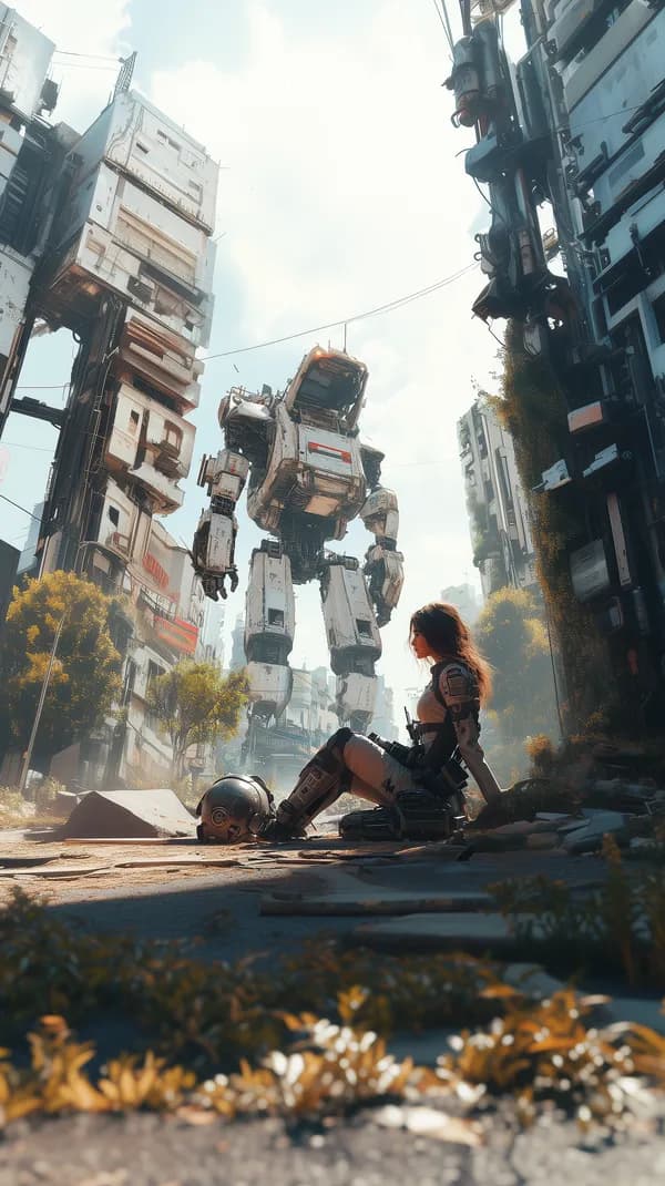 Post-apocalyptic Cityscape: Armored Heroine Meets a Colossal Mech - HD Wallpaper, 4k Background Image