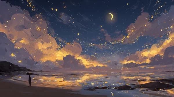Moonlit Seaside Dreamscape: Golden Clouds and Starry Reflections - HD Wallpaper, 4k Background Image