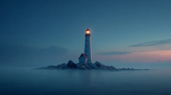 Tranquil Lighthouse on a Rocky Island at Blue Hour - HD Wallpaper, 4k Background Image