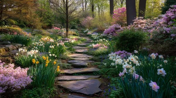 Tranquil stone path through a blooming spring garden - HD Wallpaper, 4k Background Image