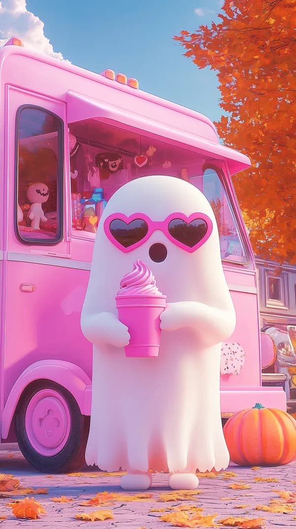 Sweet Pink Ghost with Ice Cream Truck – Autumn Vibes Wallpaper - HD Wallpaper, 4k Background Image