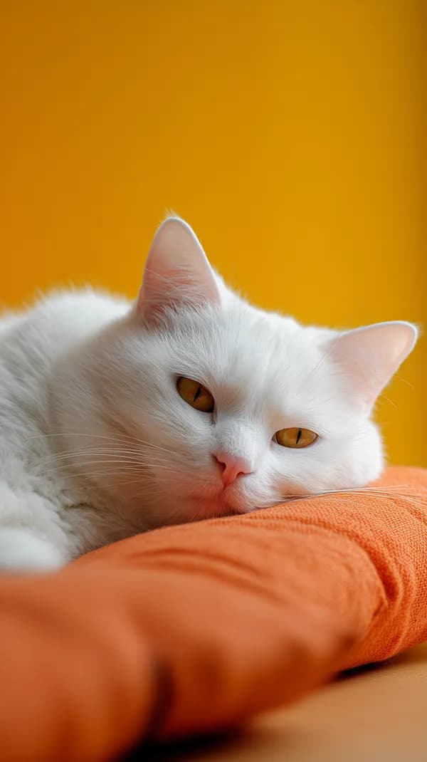 Soft Orange Pillow, White Cat Relaxing — Cozy Wallpaper - HD Wallpaper, 4k Background Image