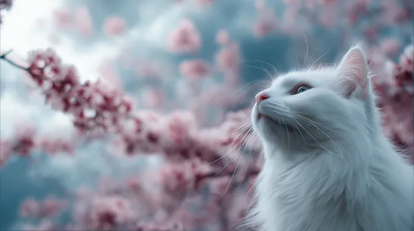 Dreamy White Cat Among Pink Blossoms - Nature Wallpaper - HD Wallpaper, 4k Background Image