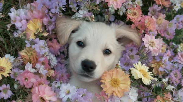 Pastel Flower Garden Puppy Wallpaper Calm Cute Puppy Among Blooms - HD Wallpaper, 4k Background Image