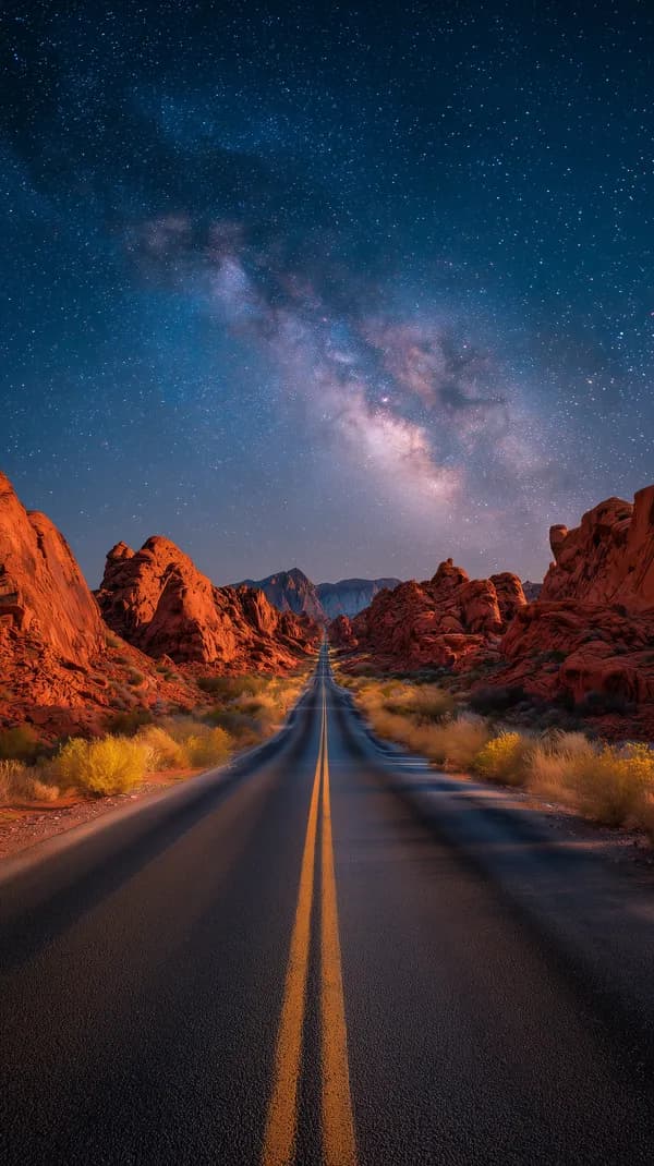 Milky Way Over Red Rock Desert Road at Night - Scenic Wallpaper - HD Wallpaper, 4k Background Image