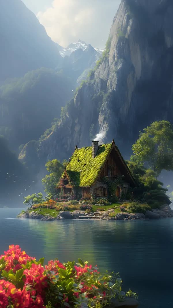 Dreamy mossy cottage on a tranquil alpine lake landscape - HD Wallpaper, 4k Background Image