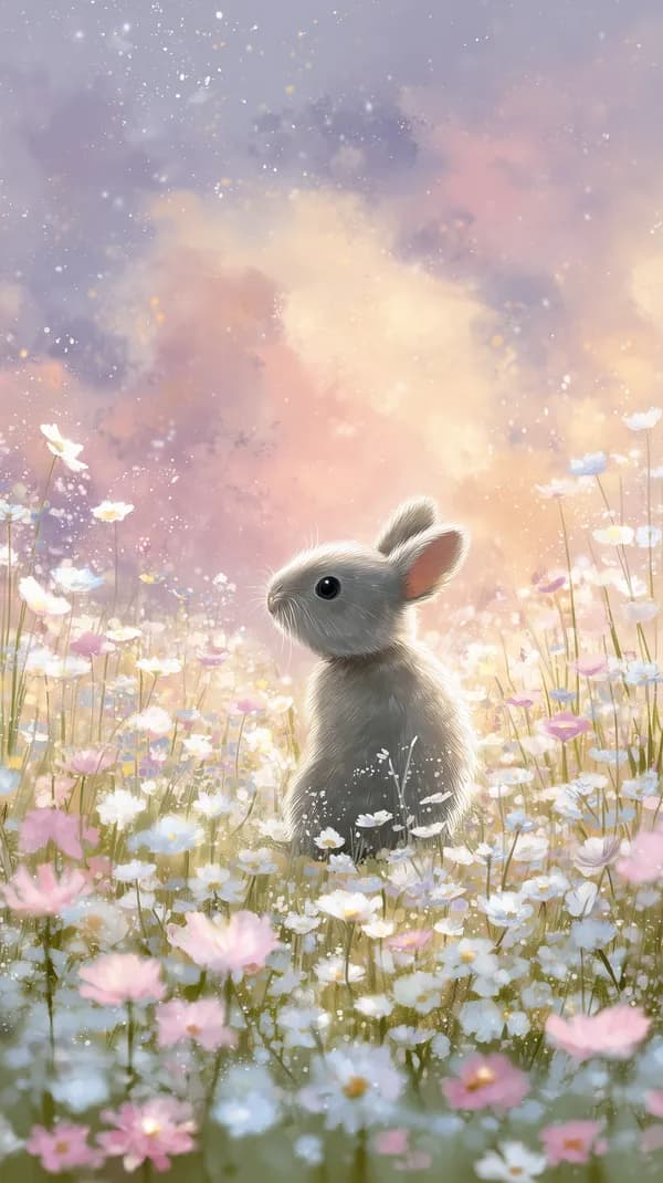 Pastel Meadow Bunny in a Dreamy Flower Field - Soft Light Artwork - HD Wallpaper, 4k Background Image