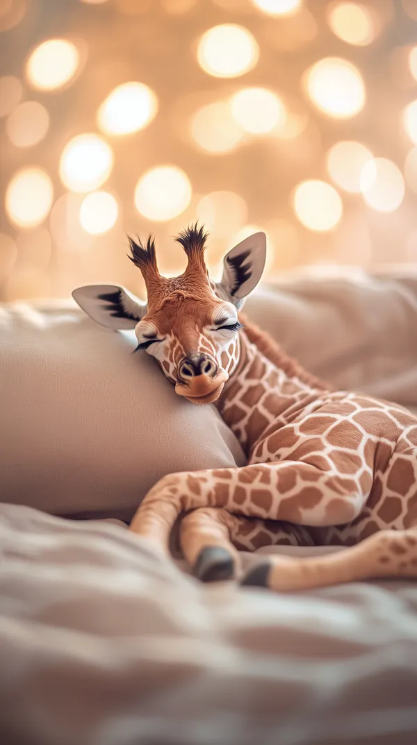 Cozy Sleeping Giraffe Baby on Soft Bedding - Warm Bokeh Glow - HD Wallpaper, 4k Background Image