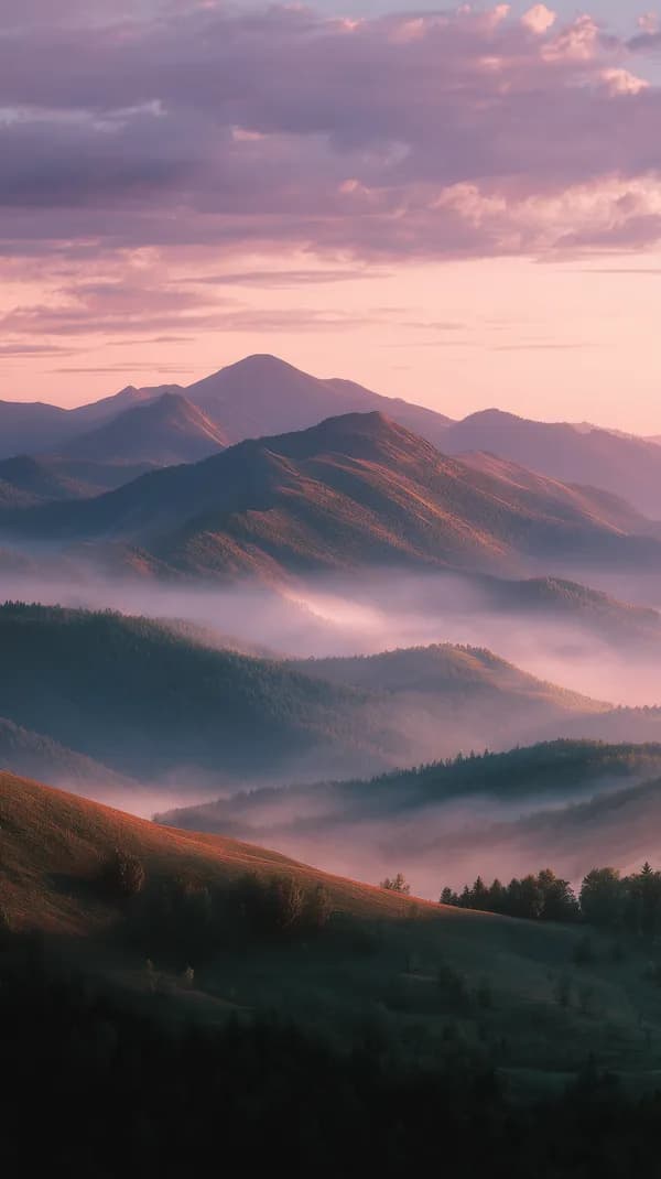 Pastel Sunrise Mist Over Serene Mountain Range at Dawn - HD Wallpaper, 4k Background Image