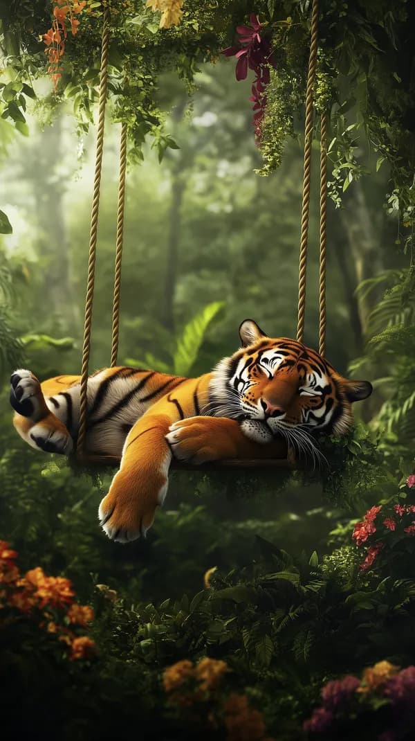 Serene Jungle Tiger Resting On A Rustic Hanging Swing - HD Wallpaper, 4k Background Image