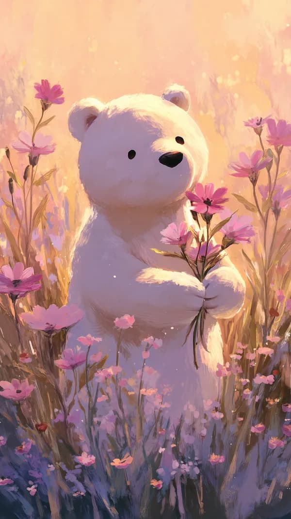 Pastel Bear in a Warm Sunset Field - Floral Wallpaper - HD Wallpaper, 4k Background Image