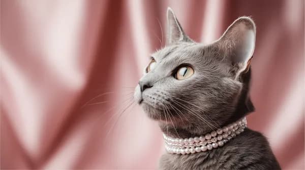 Graceful gray cat with pearl necklace in soft pink backdrop - HD Wallpaper, 4k Background Image