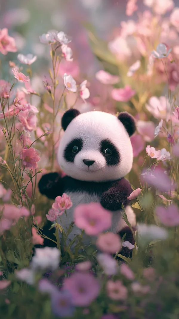 Soft Panda Cub in Blooms — Dreamy Pink Flower Field Wallpaper - HD Wallpaper, 4k Background Image