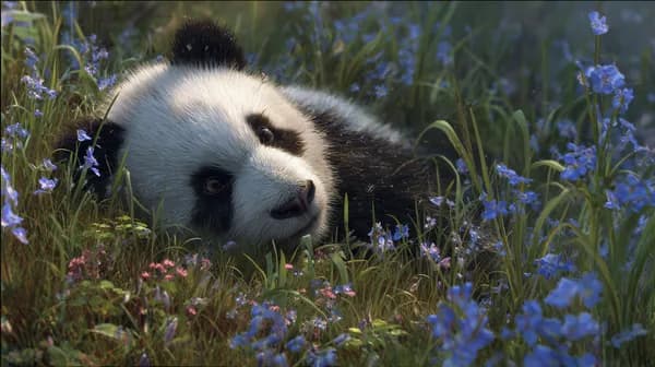 Calm Panda Lays among Blue Wildflowers - Serene Desktop Wallpaper - HD Wallpaper, 4k Background Image