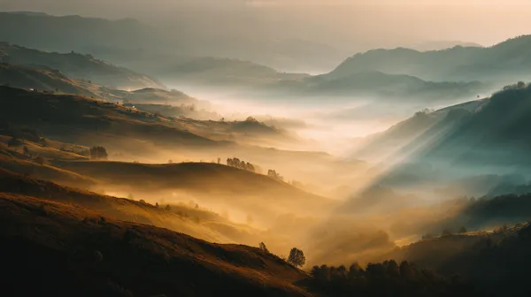 Golden Valley Mist: Serene Sunrise Landscape Wallpaper - HD Wallpaper, 4k Background Image