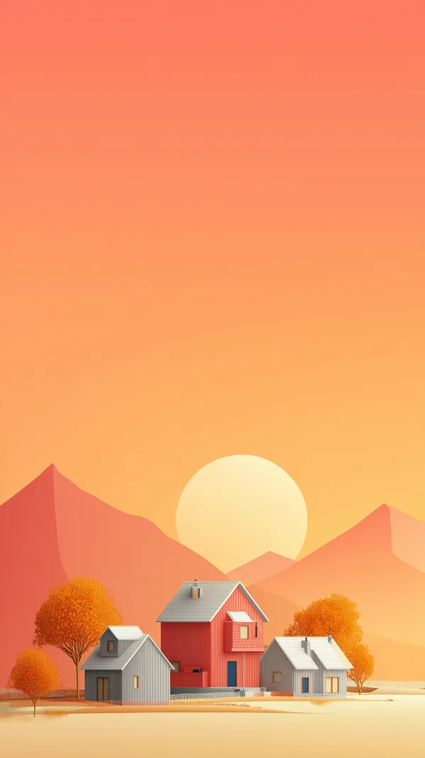 Sunset Village Landscape: Warm Orange Horizon with Rolling Mountains - HD Wallpaper, 4k Background Image