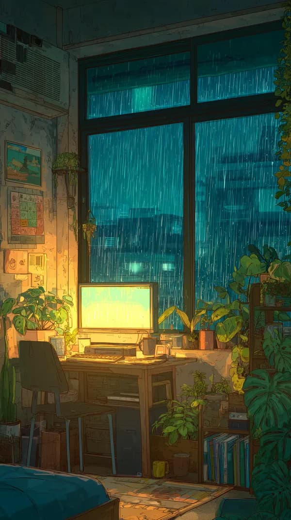 Cozy Rainy Night Workspace with Lush Indoor Plants and Glow - HD Wallpaper, 4k Background Image