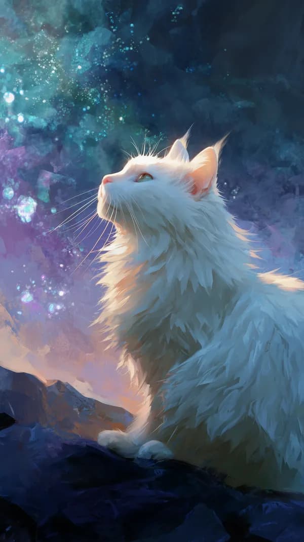 Dreamy White Cat Under a Nebula Sky - Fantasy Wallpaper - HD Wallpaper, 4k Background Image