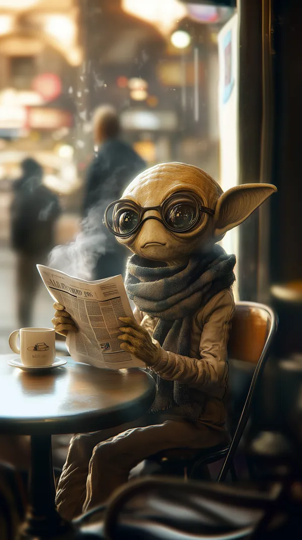 Cozy Café Alien Reading a Newspaper Under Warm City Lights - HD Wallpaper, 4k Background Image