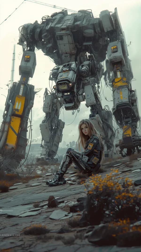 Desolate Sci-Fi Mech Walker and Solo Female Warrior - HD Wallpaper, 4k Background Image