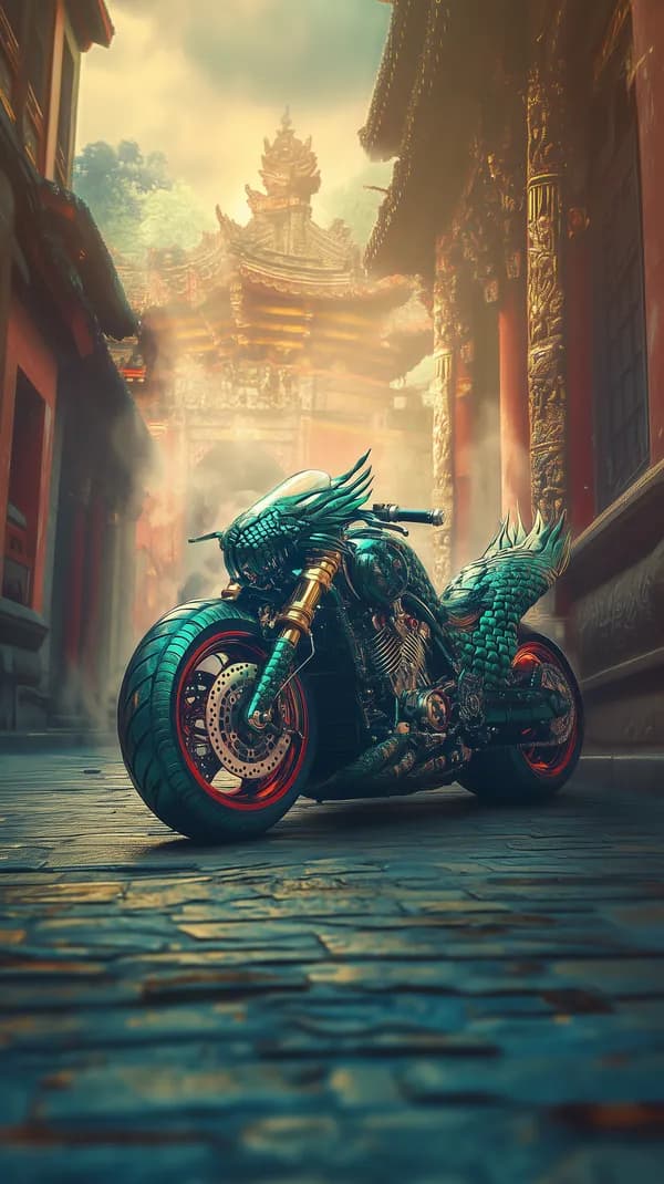 Dragon-Scaled Motorcycle in Twilight Asian Alleyway Dreamscape - HD Wallpaper, 4k Background Image