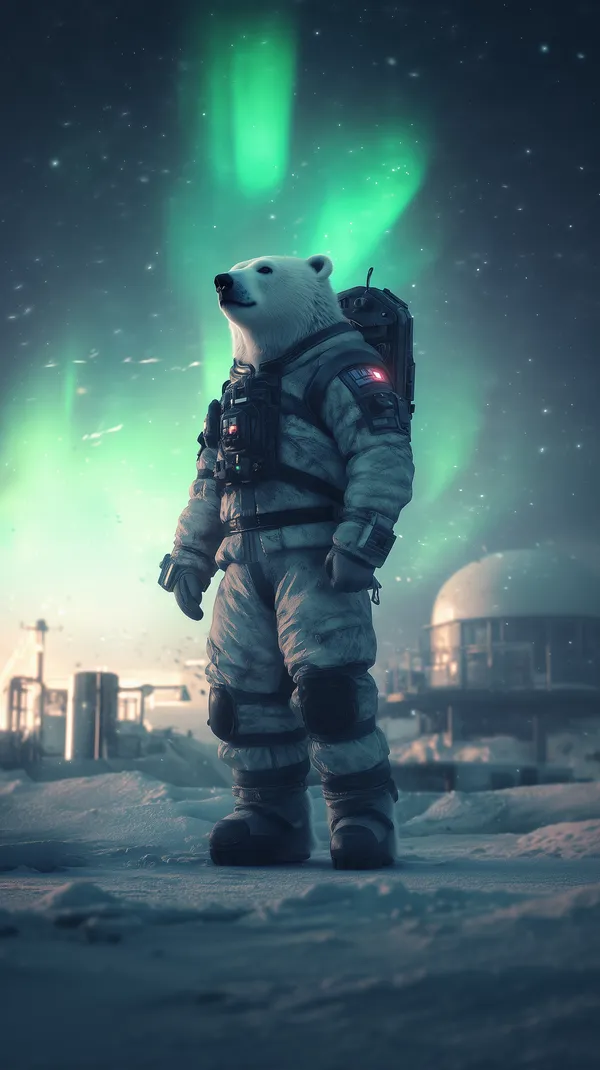 Polar Bear Astronaut Stands Under Green Aurora on Snowy Planet - HD Wallpaper, 4k Background Image