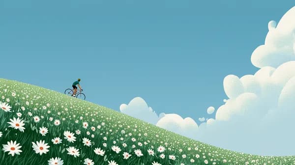 Dreamy hillside bike ride over a daisy field illustration - HD Wallpaper, 4k Background Image