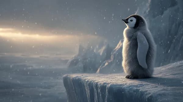 Serene Penguin Chick on Icy Cliff Under Snowy Sky at Dusk - HD Wallpaper, 4k Background Image