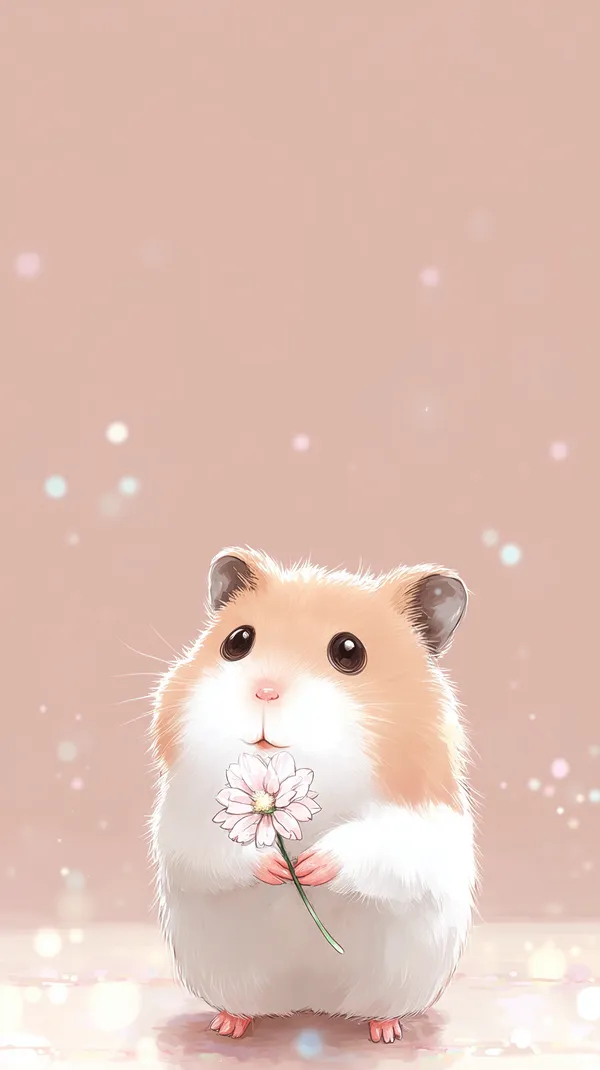 Cute Hamster Holding Flower in Soft Pink Digital Wallpaper - HD Wallpaper, 4k Background Image