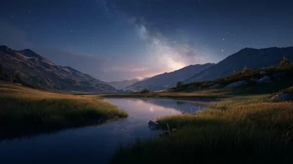 Moonlit Mountain Lake Under a Starry Night Sky with Galaxy Glow - HD Wallpaper, 4k Background Image