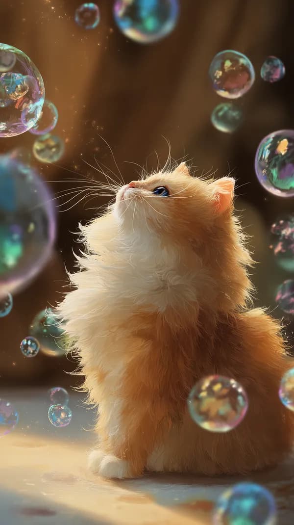 Whimsical Kitten Gazing at Colorful Bubbles – Dreamy Fur Wallpaper - HD Wallpaper, 4k Background Image