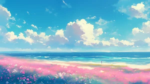 Vibrant Beach Panorama with Pink Flower Field Dreamy Coastal Scene - HD Wallpaper, 4k Background Image
