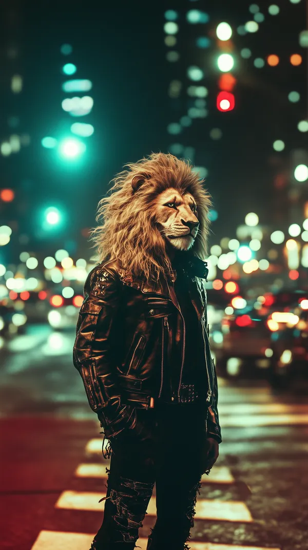 Urban Night Lion: Leather Jacket Portrait in Neon City - HD Wallpaper, 4k Background Image