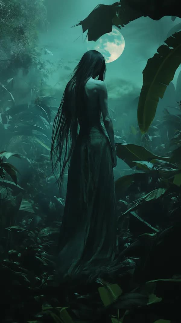 Moonlit Jungle Mystic: Ethereal Silhouette in Teal Haze - HD Wallpaper, 4k Background Image