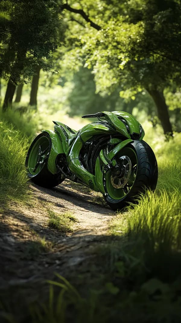 Green Concept Motorcycle on Sunlit Forest Trail Wallpaper - HD Wallpaper, 4k Background Image
