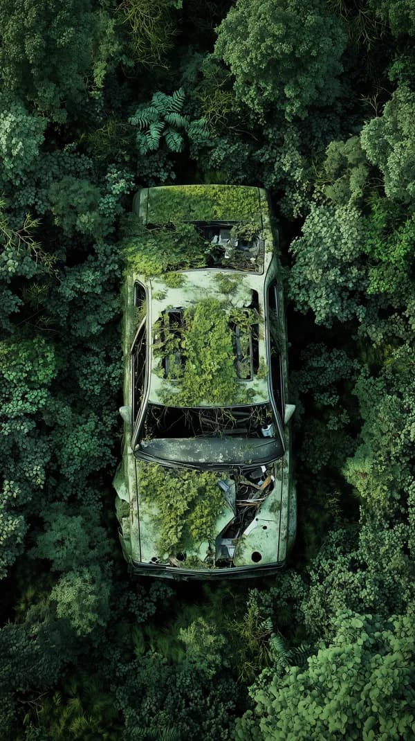 Overgrown Car in Lush Forest: Mossy Vintage Vehicle - HD Wallpaper, 4k Background Image