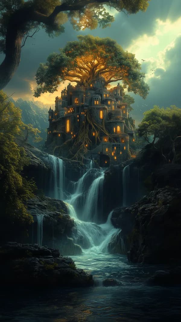 Enchanted Treecastle in a Majestic Waterfall Landscape - HD Wallpaper, 4k Background Image