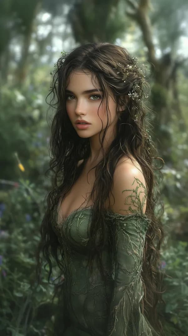 Enchanted Forest Portrait in Emerald Green Dress with Floral Hair - HD Wallpaper, 4k Background Image